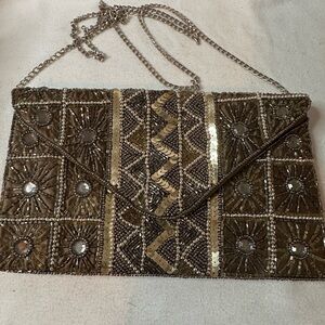 Stephanie Nicole Beaded Evening Clutch Gold Taupe Chain Strap